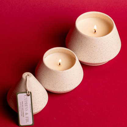 Large White Tree Stack candles lit on red background