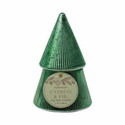 A green, ribbed candle container shaped like a Christmas tree evokes vintage mercury glass. A round label on the front reads "Paddywax Cypress + Fir Green Tree - 7 oz Candle, soy wax, 198g.
