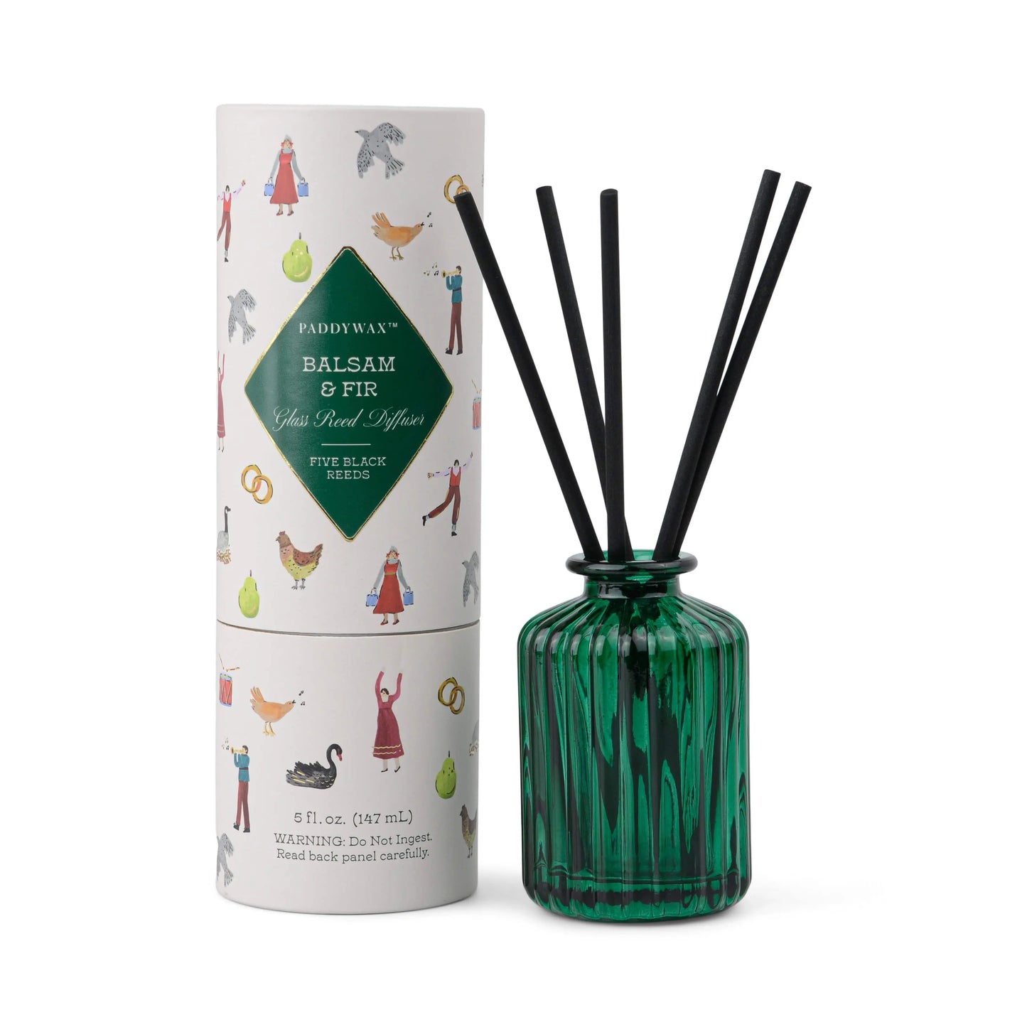5 FL OZ (147 mL) GREEN RIBBED GLASS DIFFUSER WITH PRINTED TUBE AND 5 FIBER BLACK REED - BALSAM & FIR Paddywax