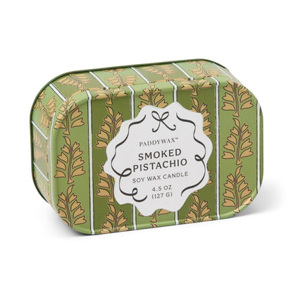 Cherie 4.5 oz Tin Candle - Smoked Pistachio on white background. 