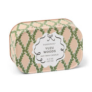 Cherie 4.5 oz Tin Candle - Yuzu Woods on white background. 