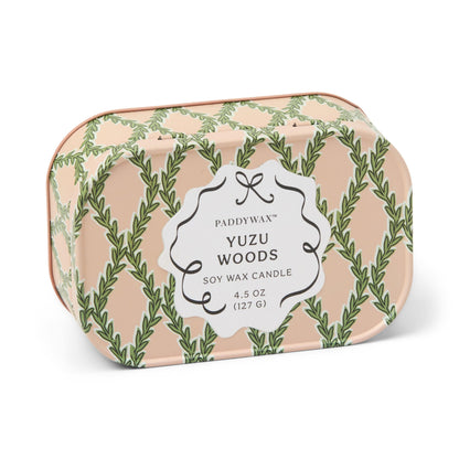 Cherie 4.5 oz Tin Candle - Yuzu Woods on white background. 