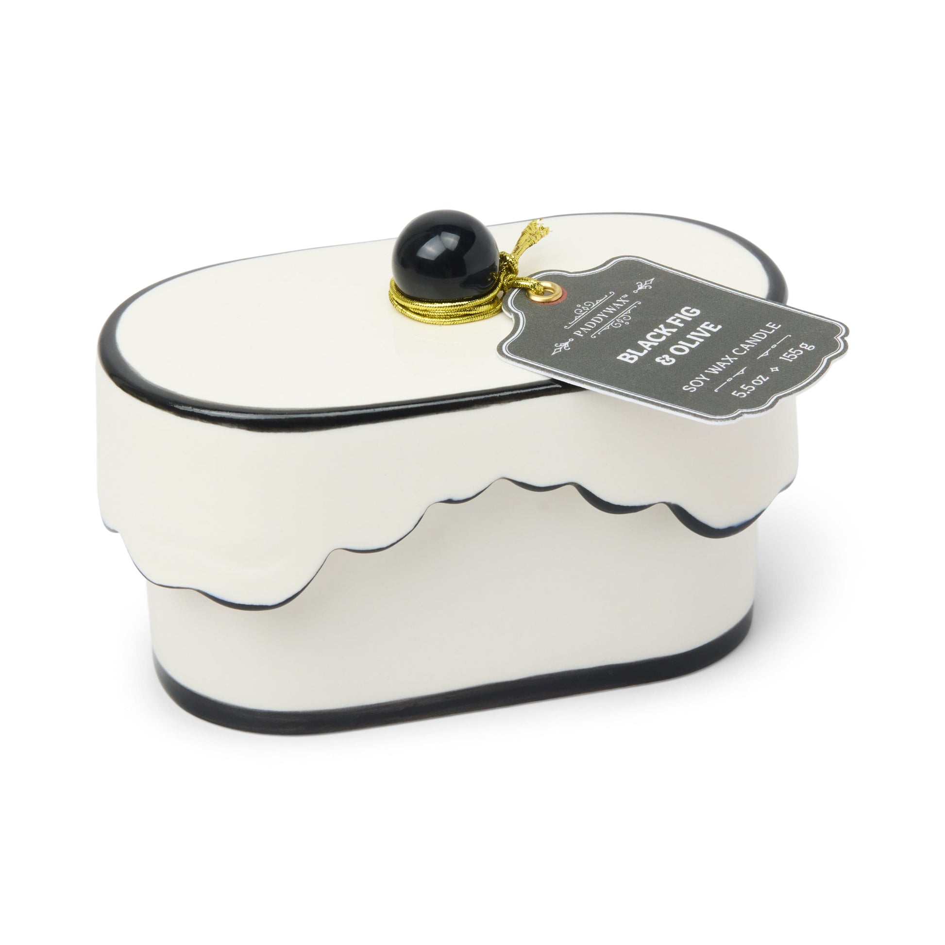 Cherie 5.5 oz Ceramic Candle - Black Fig & Olive on white background. 