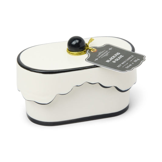 Cherie 5.5 oz Ceramic Candle - Black Fig & Olive on white background. 