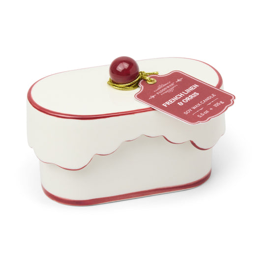 Cherie 5.5 oz Ceramic Candle - French Linen & Orris on whtie background.