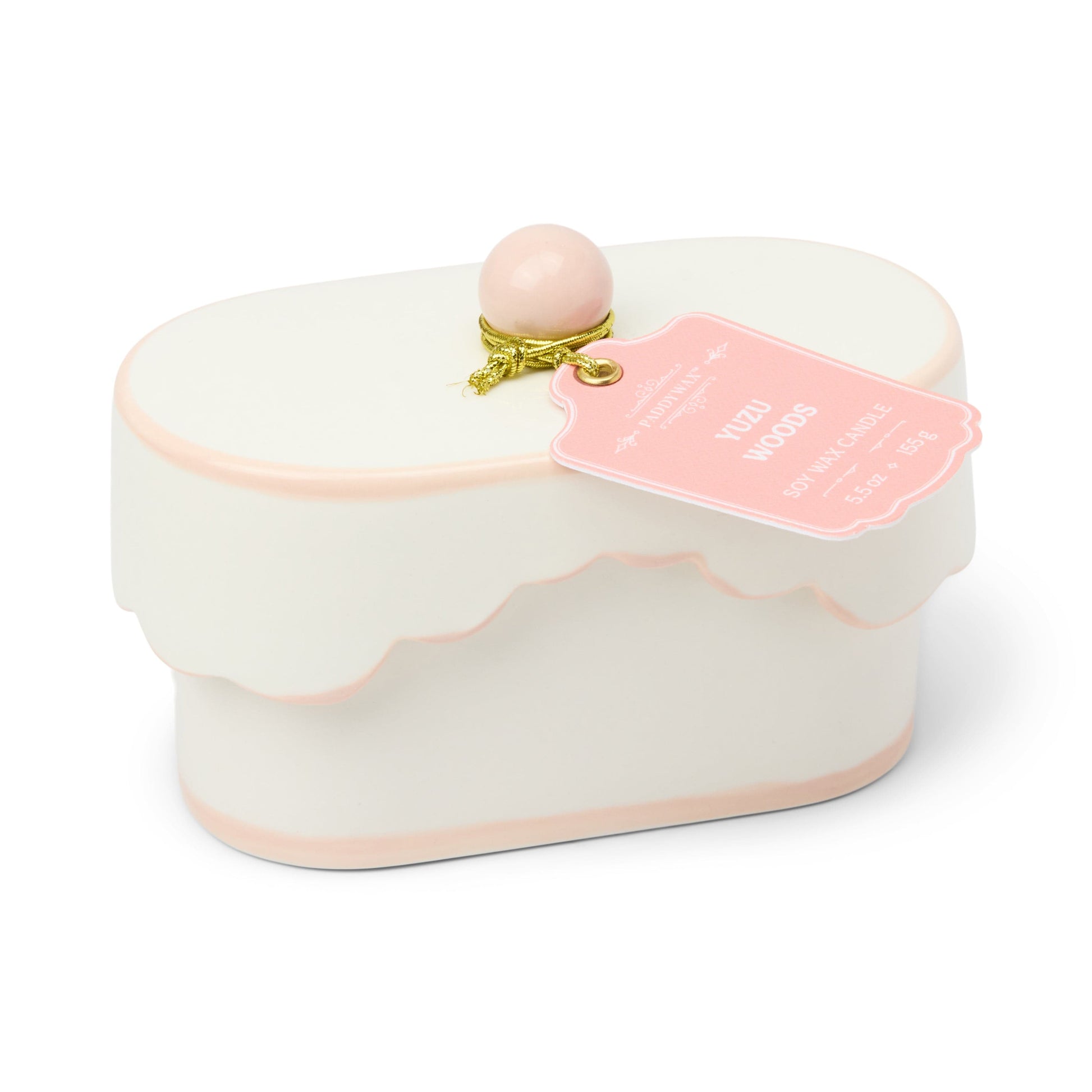 Cherie 5.5 oz Ceramic Candle - Yuzu Woods on white background. 