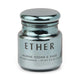 A metallic blue electroplated glass jar labeled ETHER holds the Chroma Candle - Sea Salt & Sage, a soy wax candle with marine ozone and sage scent, net weight 2.5 oz (70 g).
