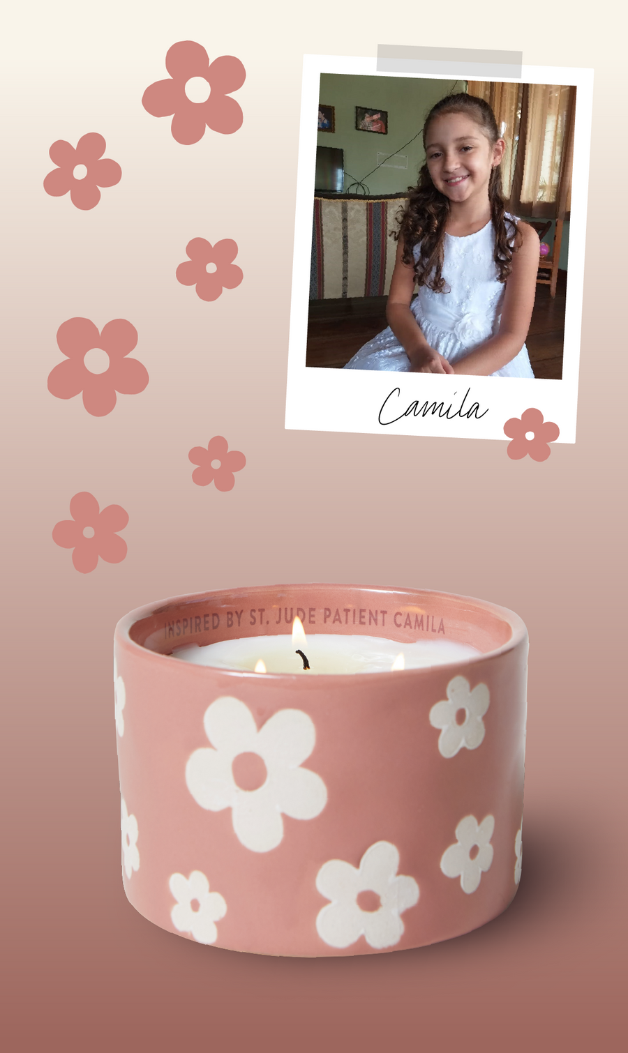 St. Jude patient, Camila with Paddywax Giveback Candle in soft pink ceramic candle jar with flowers handpoured with soy wax