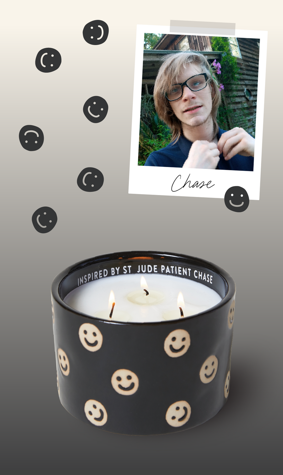 St. Jude patient, Chase with Paddywax Giveback Candle in black ceramic candle jar with smiley faces handpoured with soy wax
