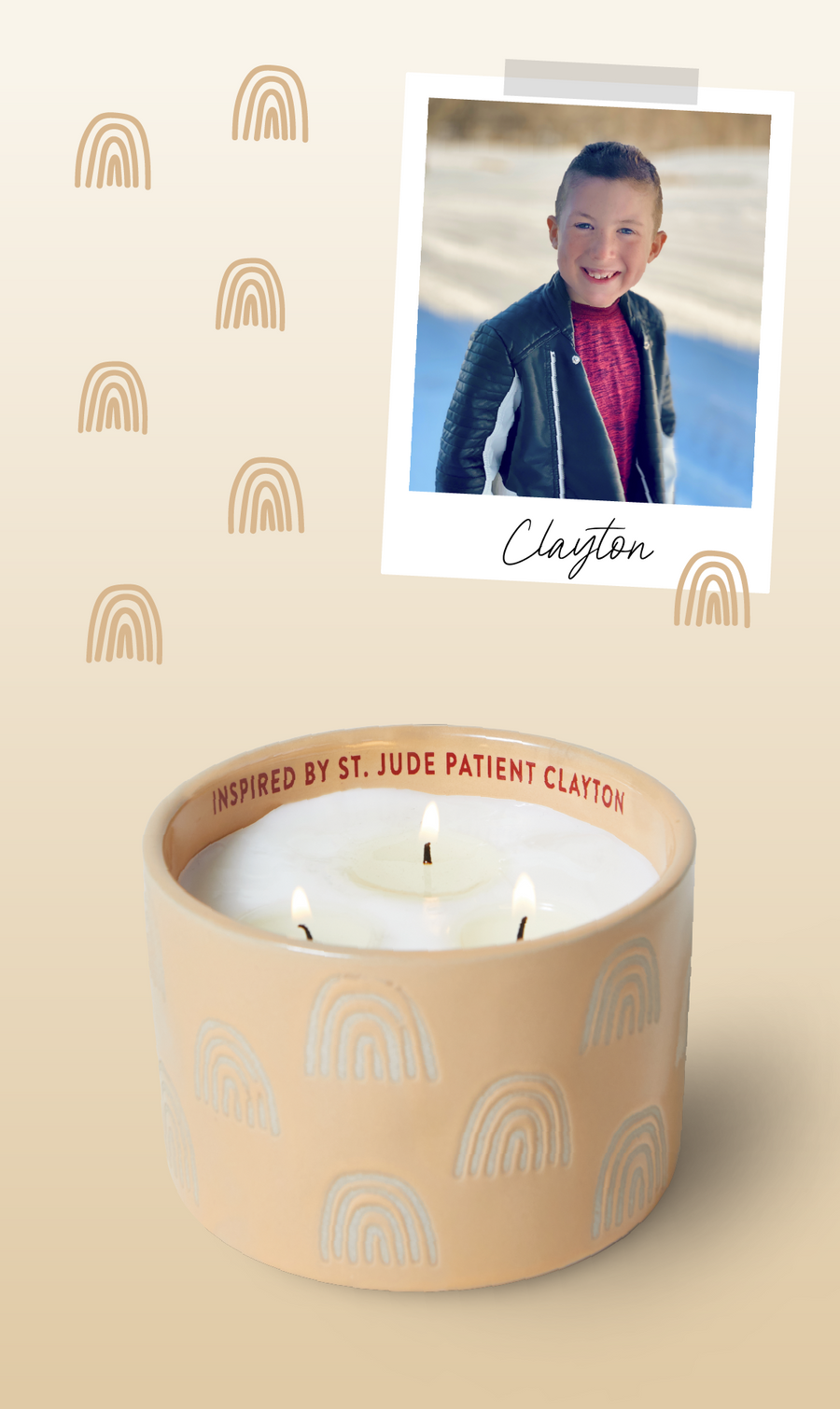 St. Jude patient, Clayton with Paddywax Giveback Candle in soft yellow ceramic candle jar with rainbows handpoured with soy wax