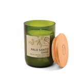 The Palo Santo Sage Eco Candle 8 oz features a green glass jar and a round wooden lid engraved with a logo. Made from soy wax, this sustainable candle adds a fresh touch to any room.