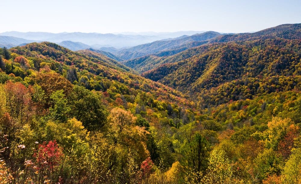 Great Smoky Mountains National Park with Green and Yellow Fall Foliage