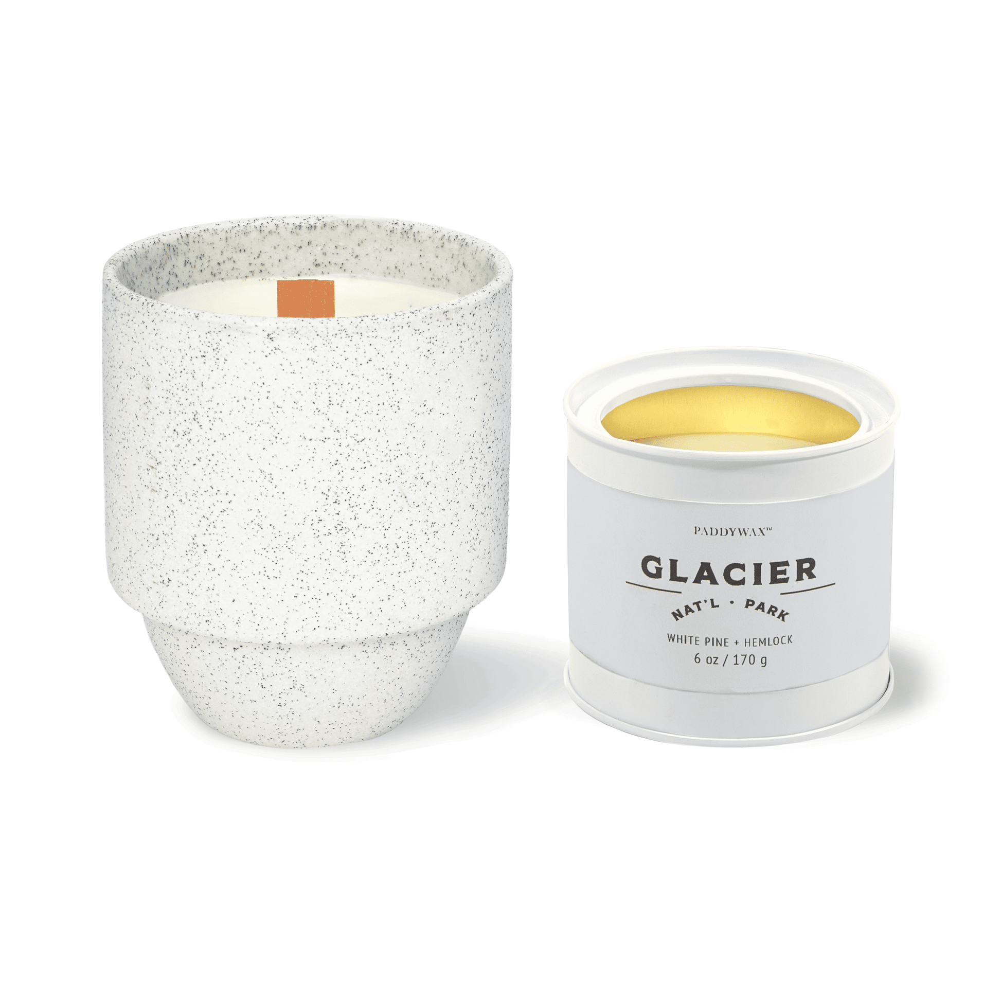 Parks 6oz Candle - White Pine + Hemlock candle on a white background next to another Parks Collection candle.