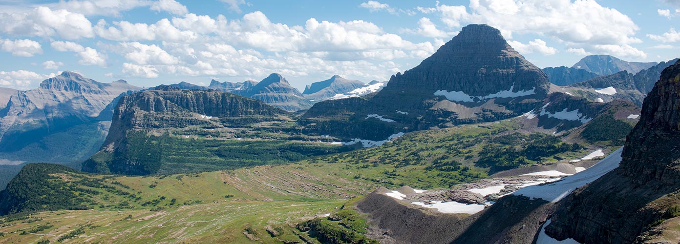 Glacier National Park with mountains, valley, and snowcapped peaks