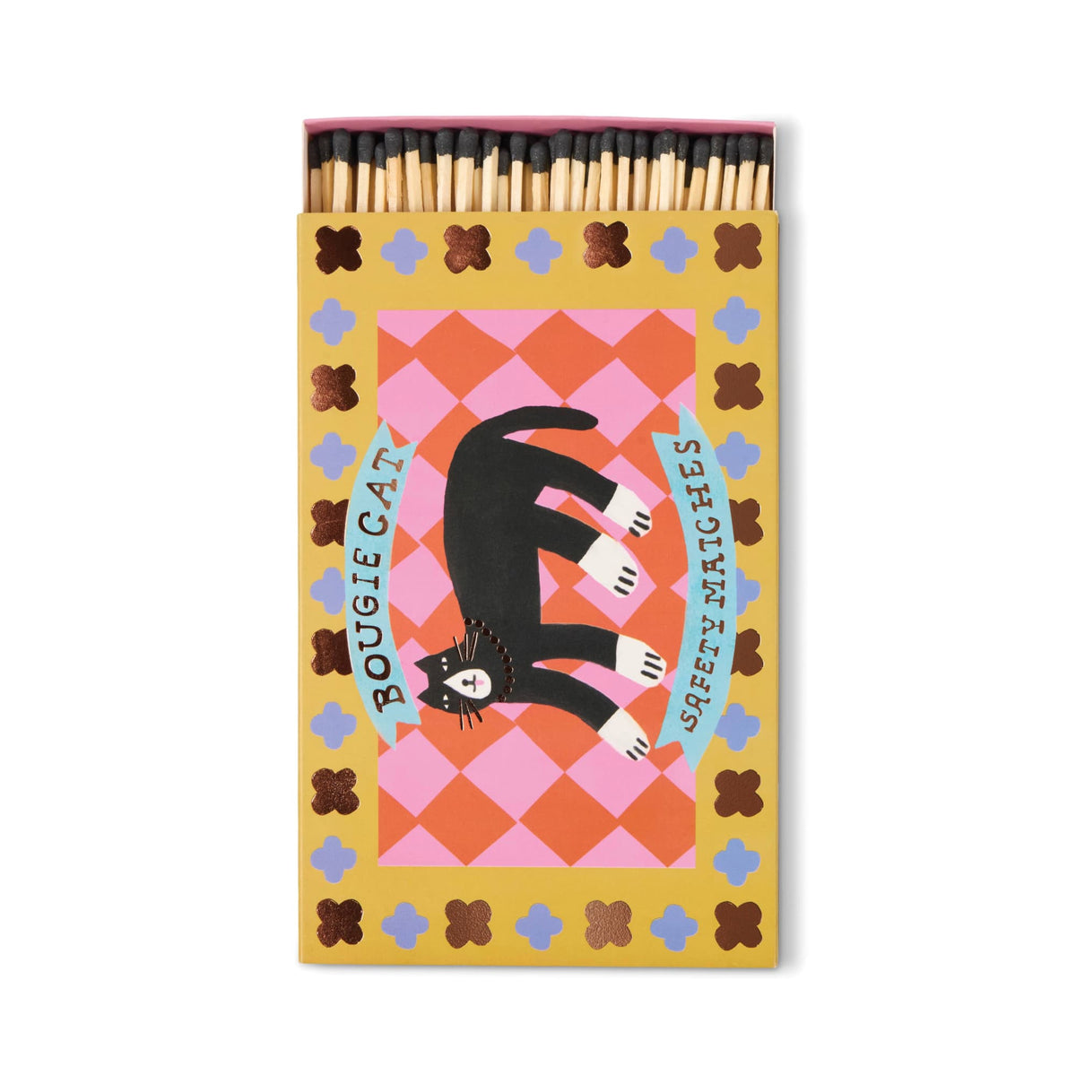 Bougie Cat - Large Rectangle Boxed Matches: a perfect gift for cat lovers, featuring a black cat on a pink and orange checkered background with decorative patterns and matches inside.