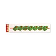A box of Olives - Extra Long Boxed Matches features six green olives with red pimentos—perfect for martini lovers at cocktail hour.