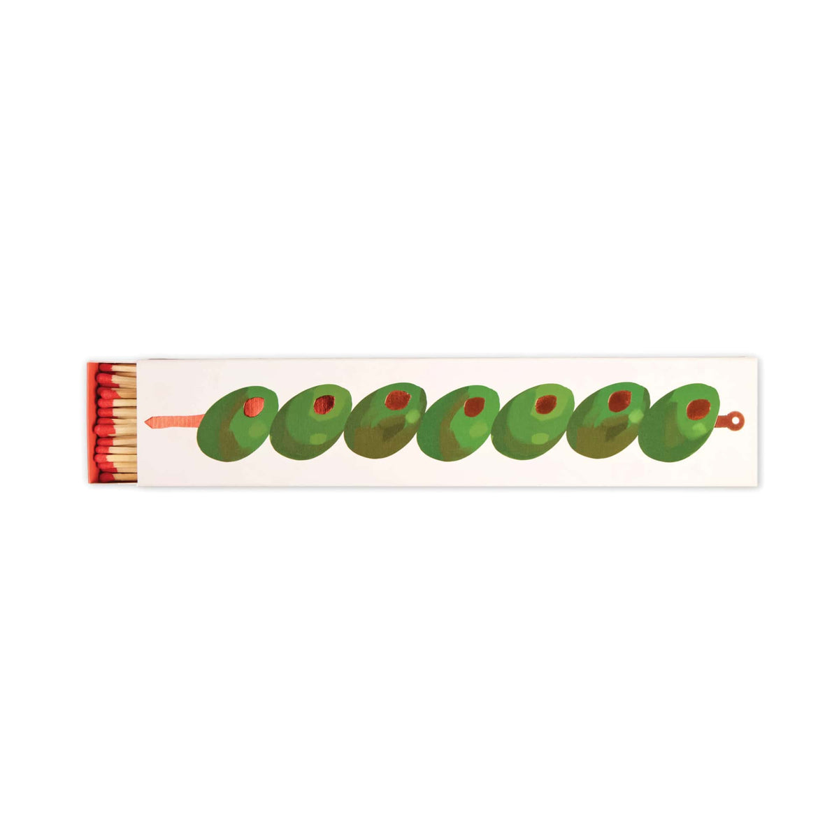 A box of Olives - Extra Long Boxed Matches features six green olives with red pimentos—perfect for martini lovers at cocktail hour.