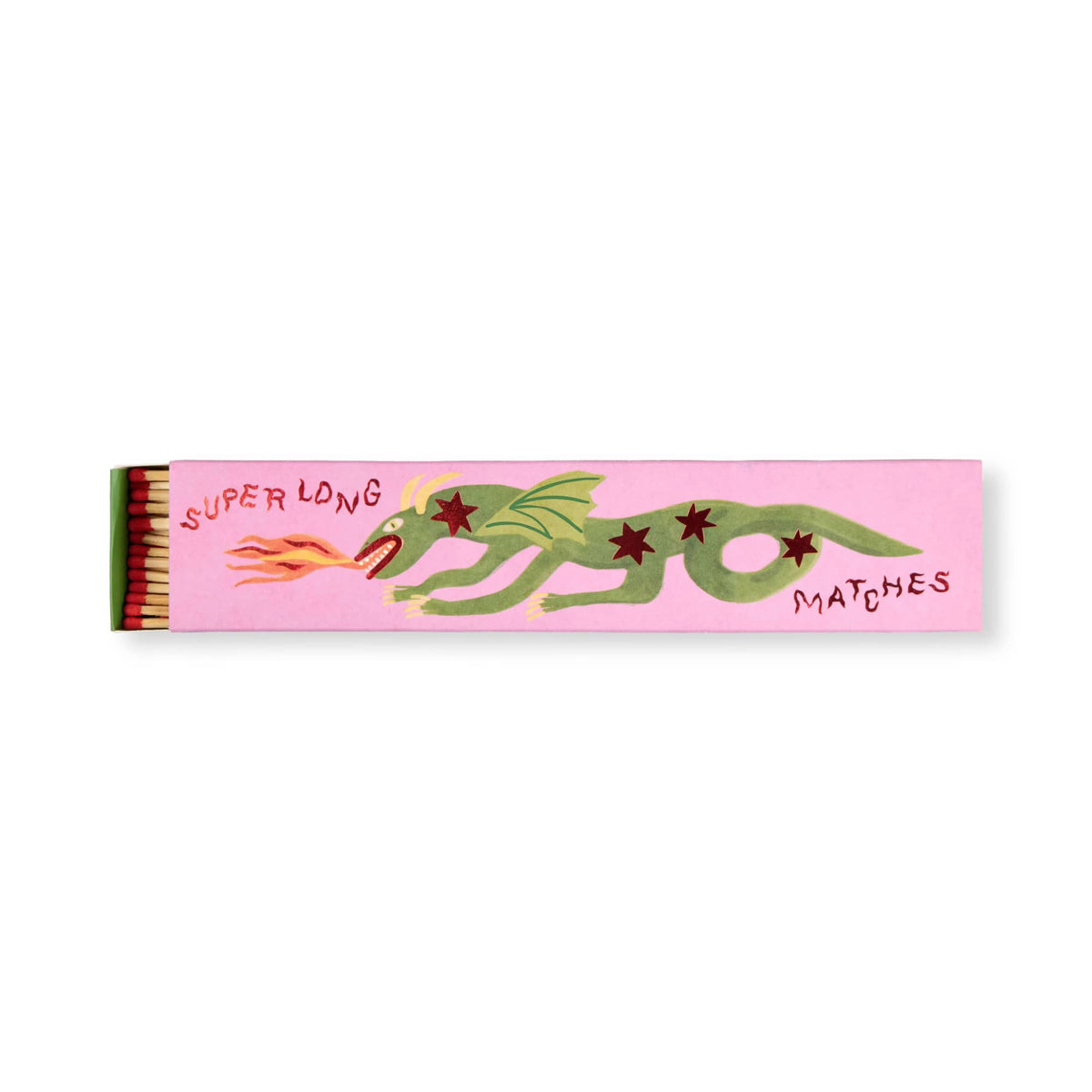 A pink box labeled Dragon - Extra Long Boxed Matches showcases a green fire-breathing dragon, making it ideal dragon decor. When opened, the box reveals extra long matches inside.