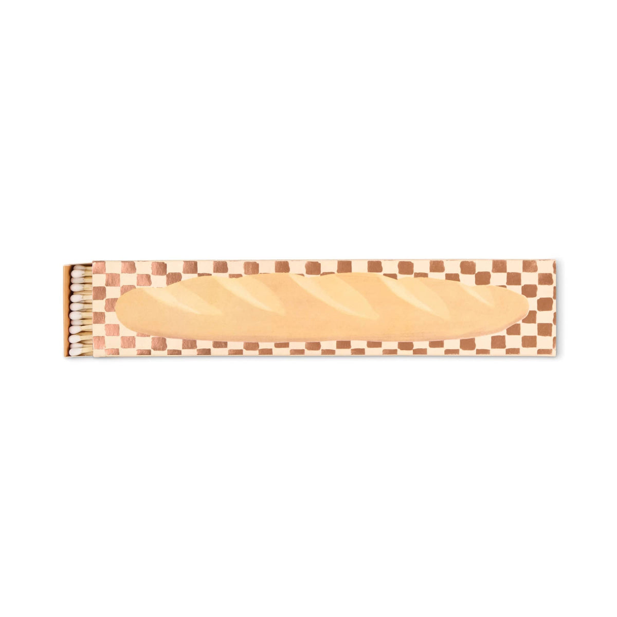 The Baguette - Extra Long Boxed Matches feature a French baguette illustration and a brown and white checkered border. The open box reveals safety matches—an ideal charming Parisian-inspired gift.