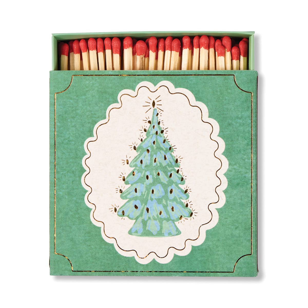 The Christmas Tree - Square Boxed Matches feature a green box with a vintage tree design and red-tipped matches inside—an ideal festive stocking stuffer.