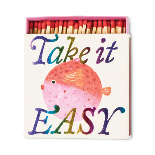 Puffer Fish - Square Boxed Matches feature a vibrant pufferfish and Take it EASY text—an ideal, playful self-care gift for lighting candles.