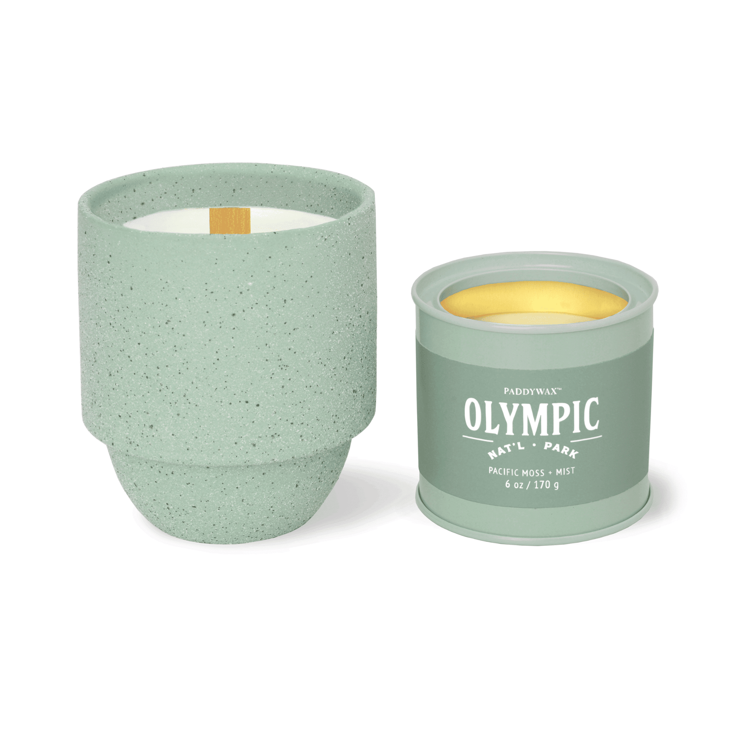 Parks 6oz Candle - Pacific Moss + Mist candle on a white background next to another Parks Collection candle.