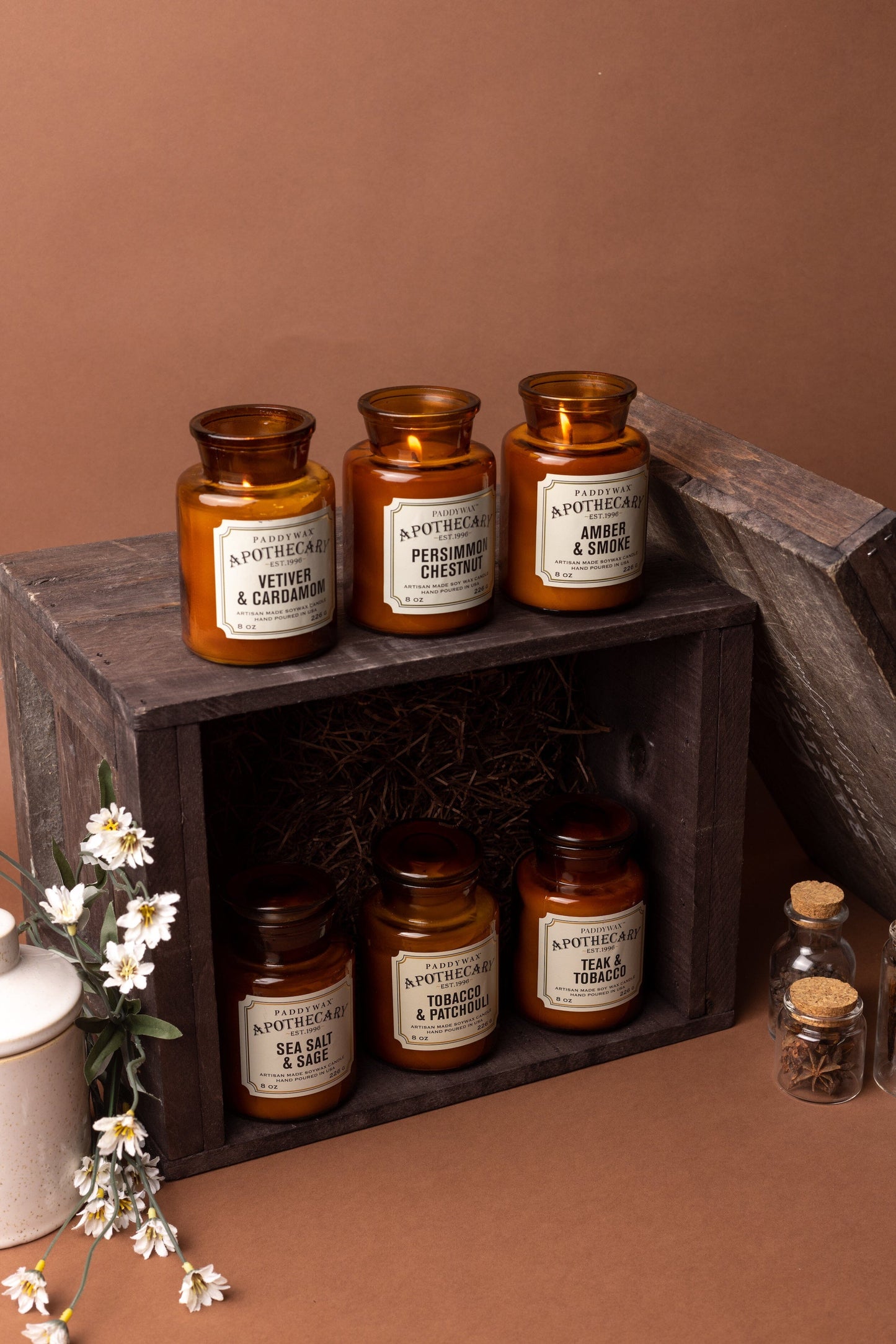 6 scents from the apothecary line on a wooden box