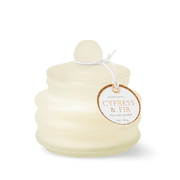 Cypress and Fir Candle on white background.