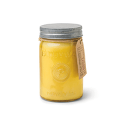 The Fresh Meyer Lemon - Relish 9.5 oz Candle features a yellow wax in a glass mason jar with metal lid and brown paper tag, labeled "Paddywax" and "Poured in USA," and is filled with a delightful fragrance.
