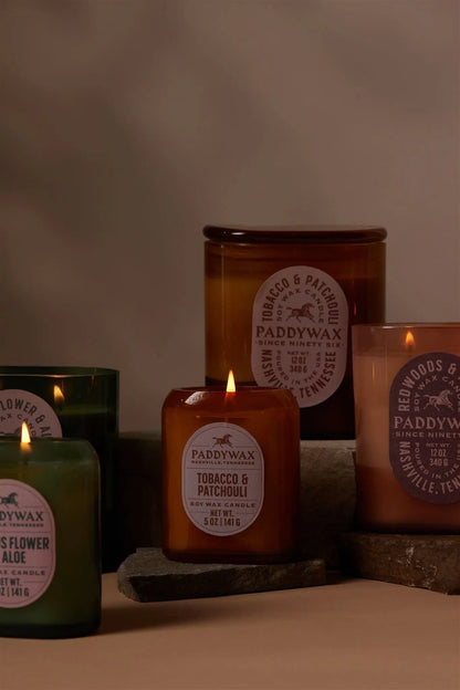 paddywax apothecary tobacco and patchouli Paddywax Glass Reed Diffuser Tabacco & Patchouli measuring 3 by 3 by 5 Grain Candle - Tobacco &