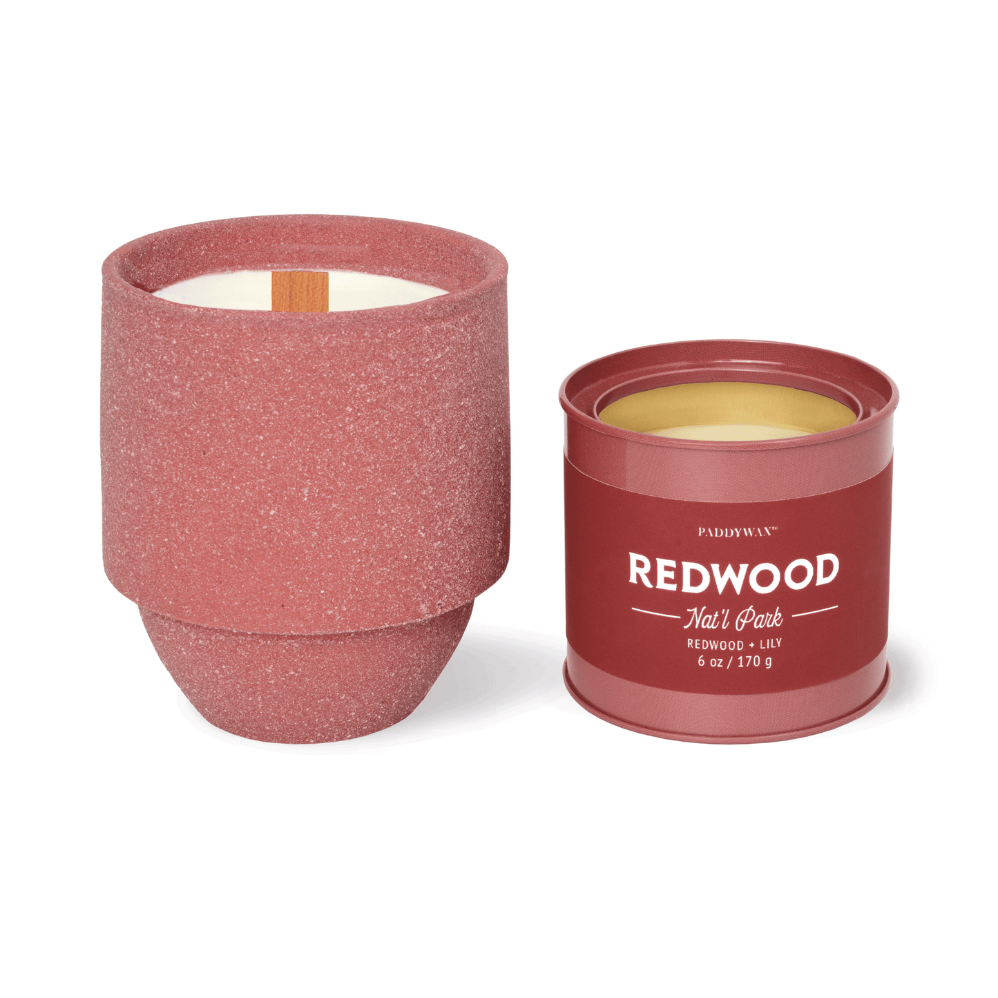 Parks 6oz Candle - Redwood + Lily candle on a white background next to another Parks Collection candle.