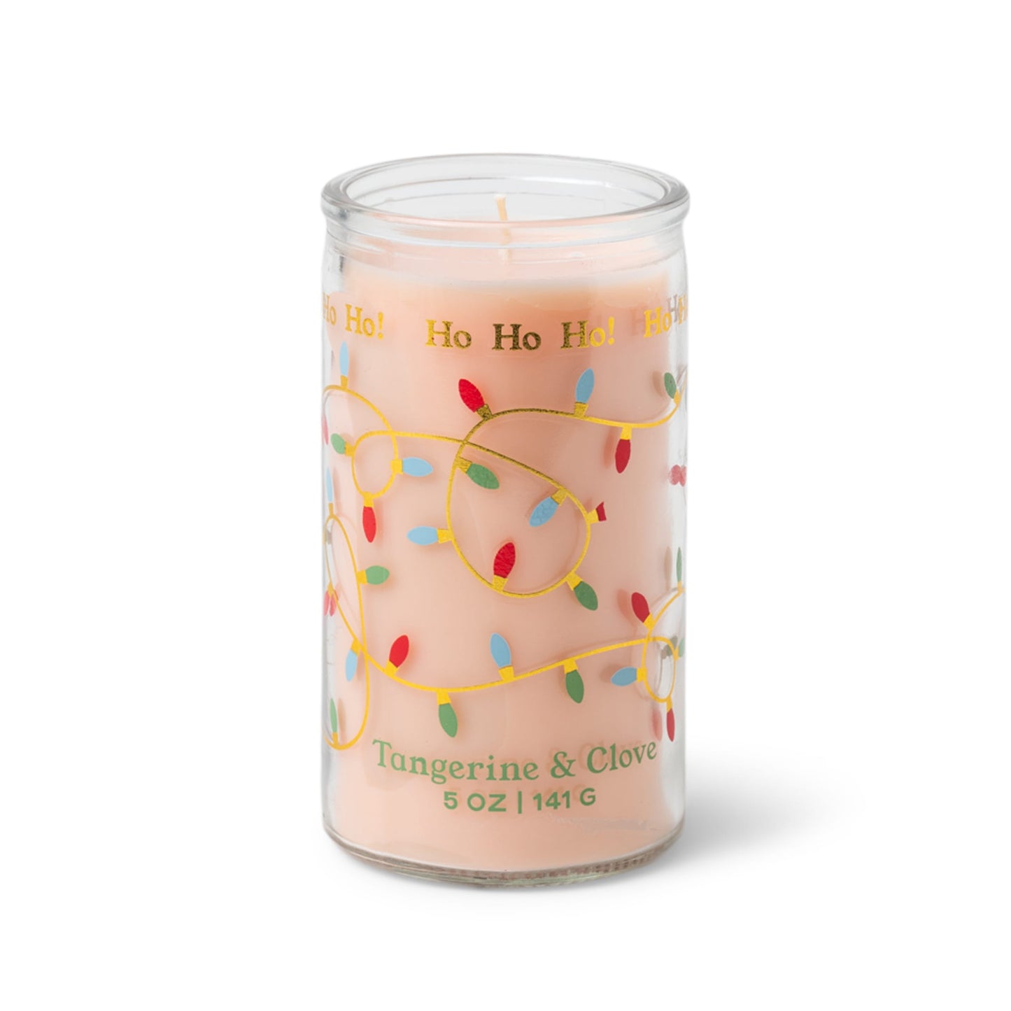 A 5 oz Tangerine & Clove candle in a glass jar, featuring a pink wax, colorful holiday lights, and the phrase “Ho Ho Ho!” on the label.