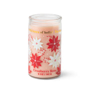 Cranberry Rose - 5 oz Candle: A pink candle in a clear glass jar adorned with red and white poinsettias. The label displays "Cranberry Rose, 5 OZ, 141 G," and the rim features festive gold text accents.