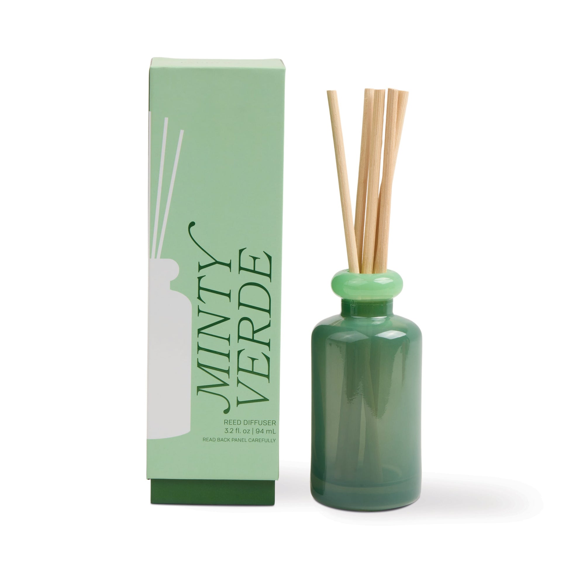 A green Minty Verde - Stack 3.2 oz diffuser with wooden reeds sits beside a matching box labeled MINTY VERDE, its minimalist design suggesting long-lasting freshness for your space.