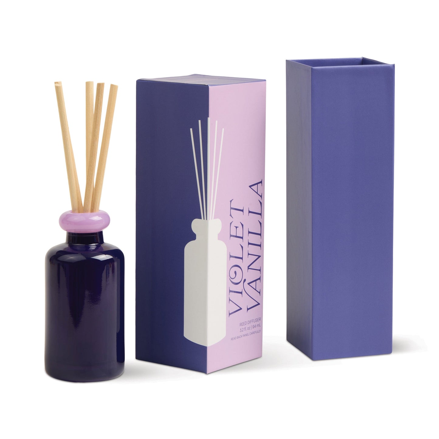 The Violet Vanilla - Stack 3.2 oz Diffuser features violet glass and wooden sticks beside its purple and lavender packaging. Pair it with the matching Violet Vanilla candle in a reusable glass vessel for a complete set.