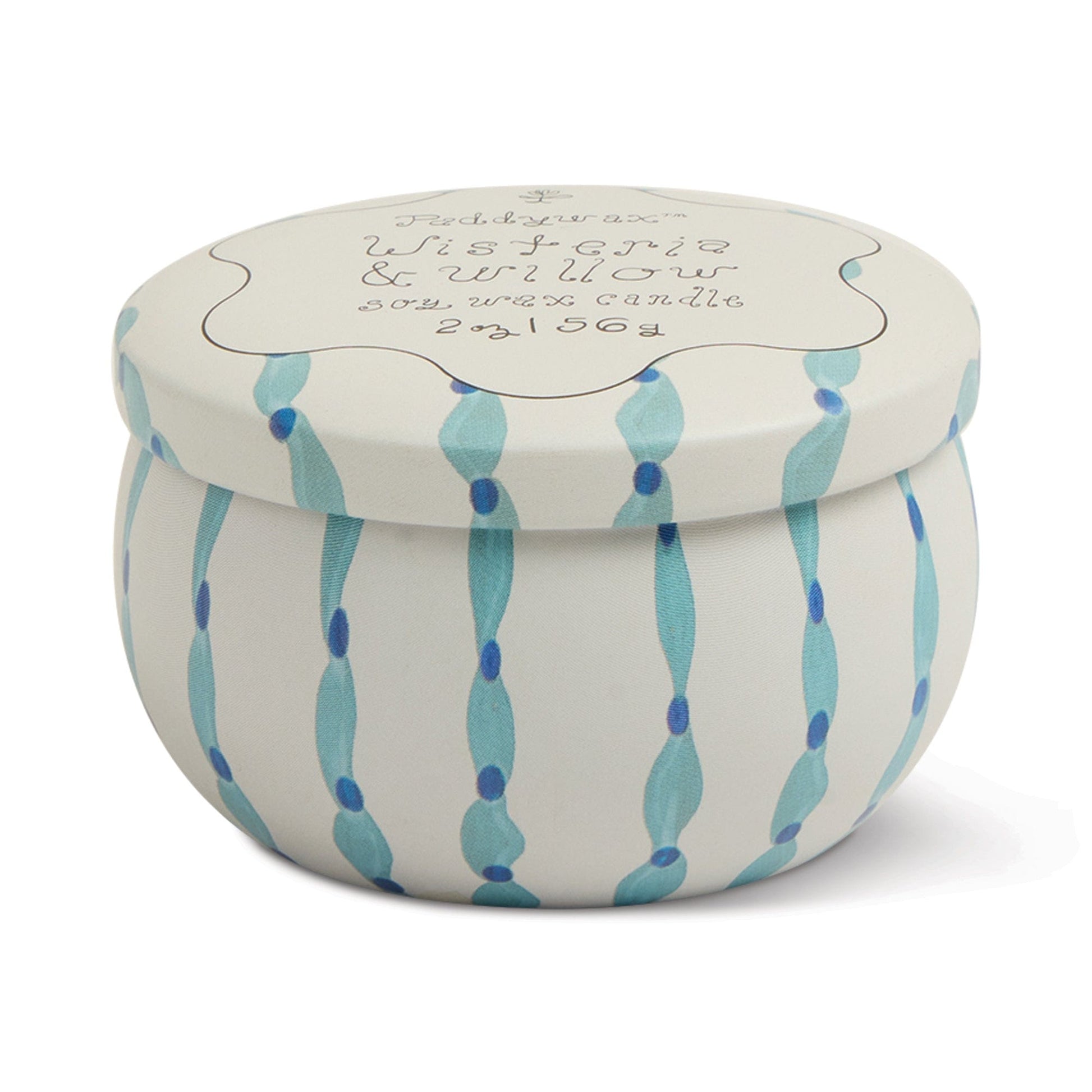 A round white tin candle with a lid, adorned with blue and teal vertical dotted lines. The lid reads "Wisteria & Willow - Tulip" soy wax candle, 2 oz, in elegant cursive—evoking the fresh scent of tulips in spring.