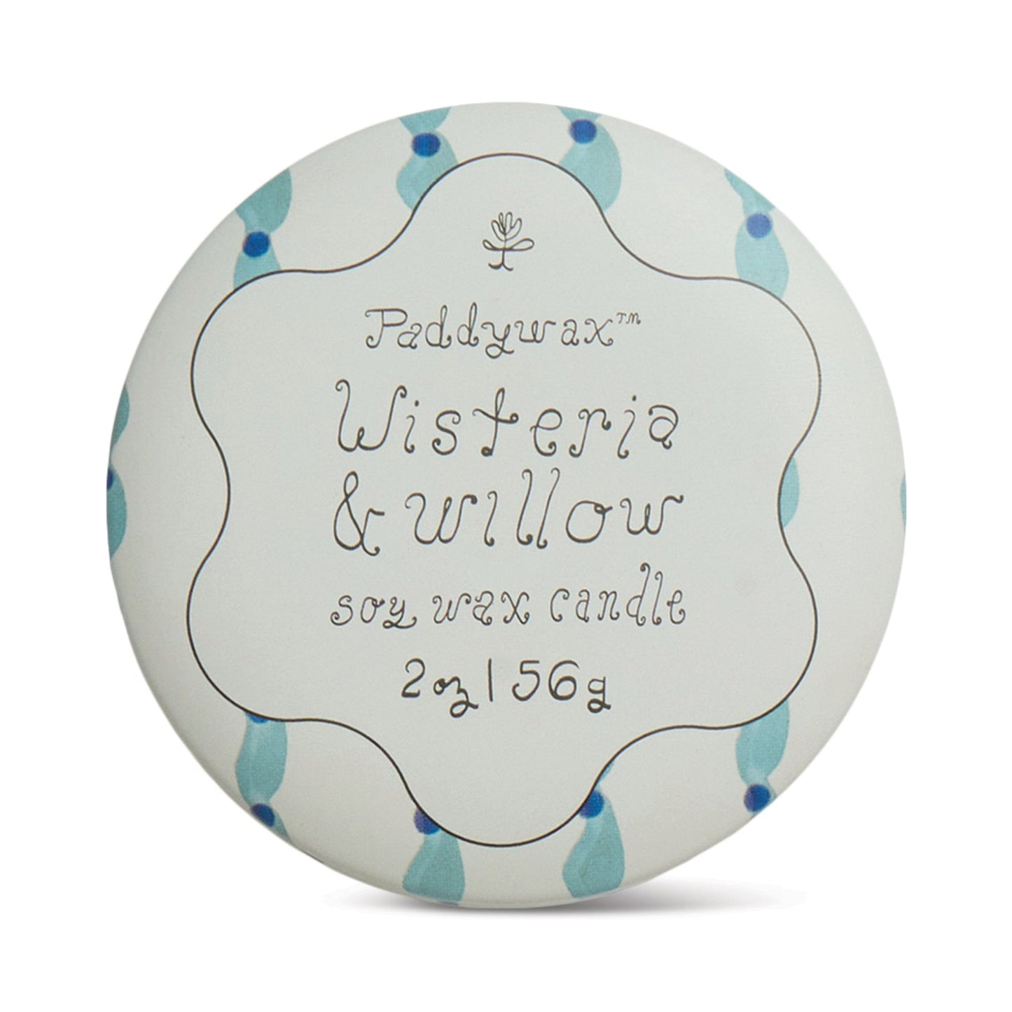 A round candle tin lid with a white background, adorned with blue and teal leaves. The text reads: Wisteria & Willow - Tulip 2 oz Tin Candle, evoking fresh spring mornings, in a decorative font.