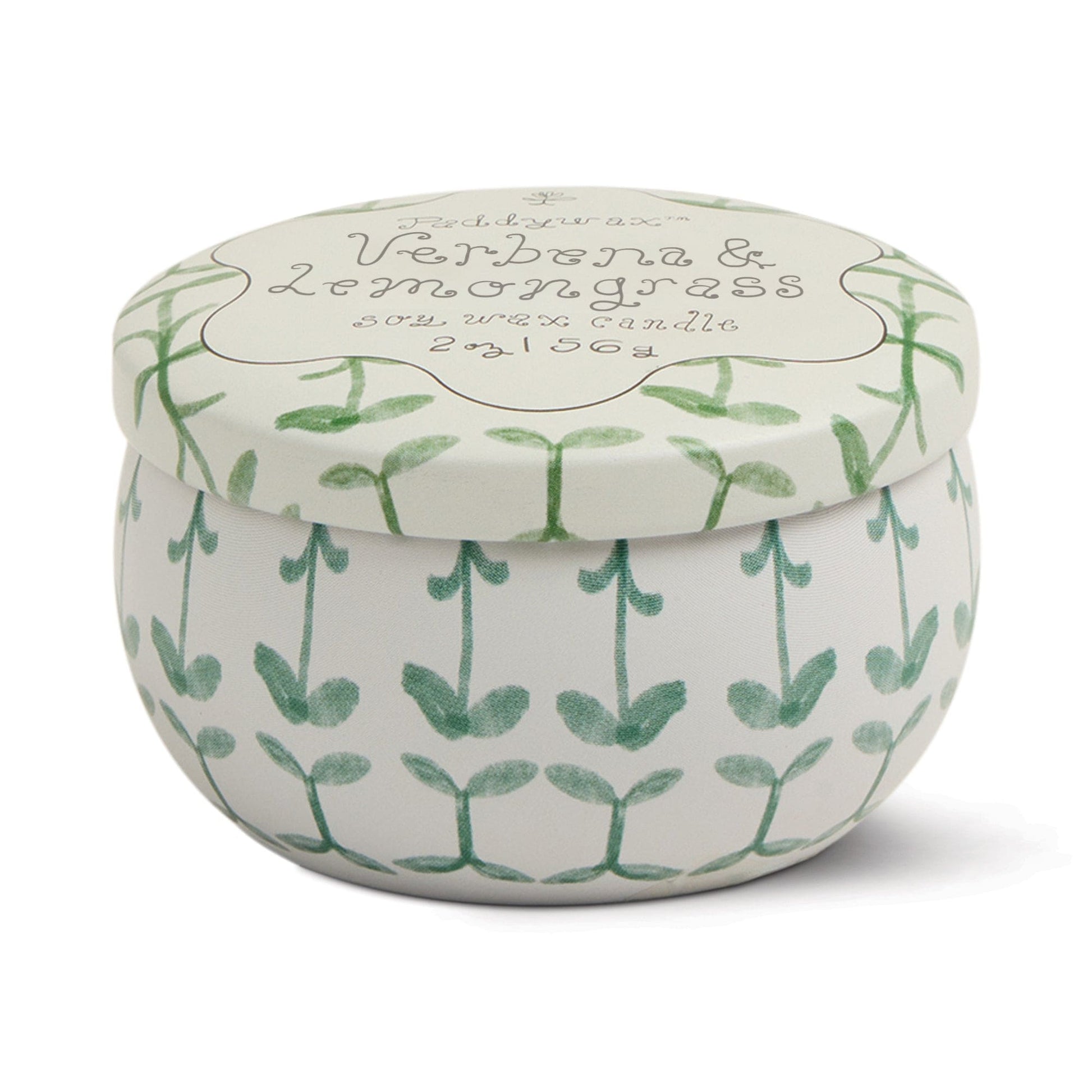 A round white tin with a green leafy pattern, labeled Verbena & Lemongrass - Tulip 2 oz Tin Candle on the lid in handwritten-style text.