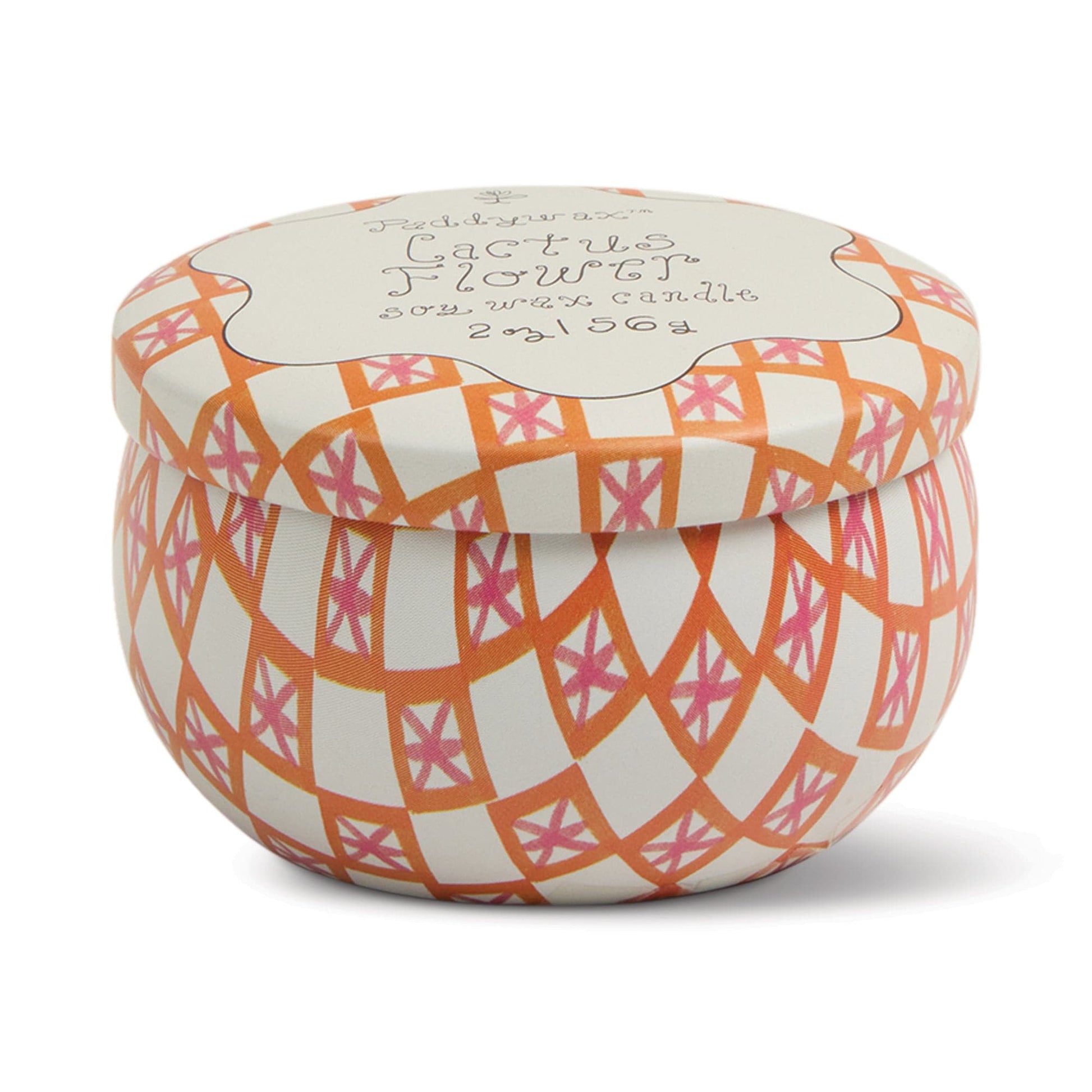 The Cactus Flower - Tulip 2 oz Tin Candle comes in a round tin with a lid, featuring an orange, pink, and white geometric design and handwritten-style text, evoking the fresh scent of desert blooms.