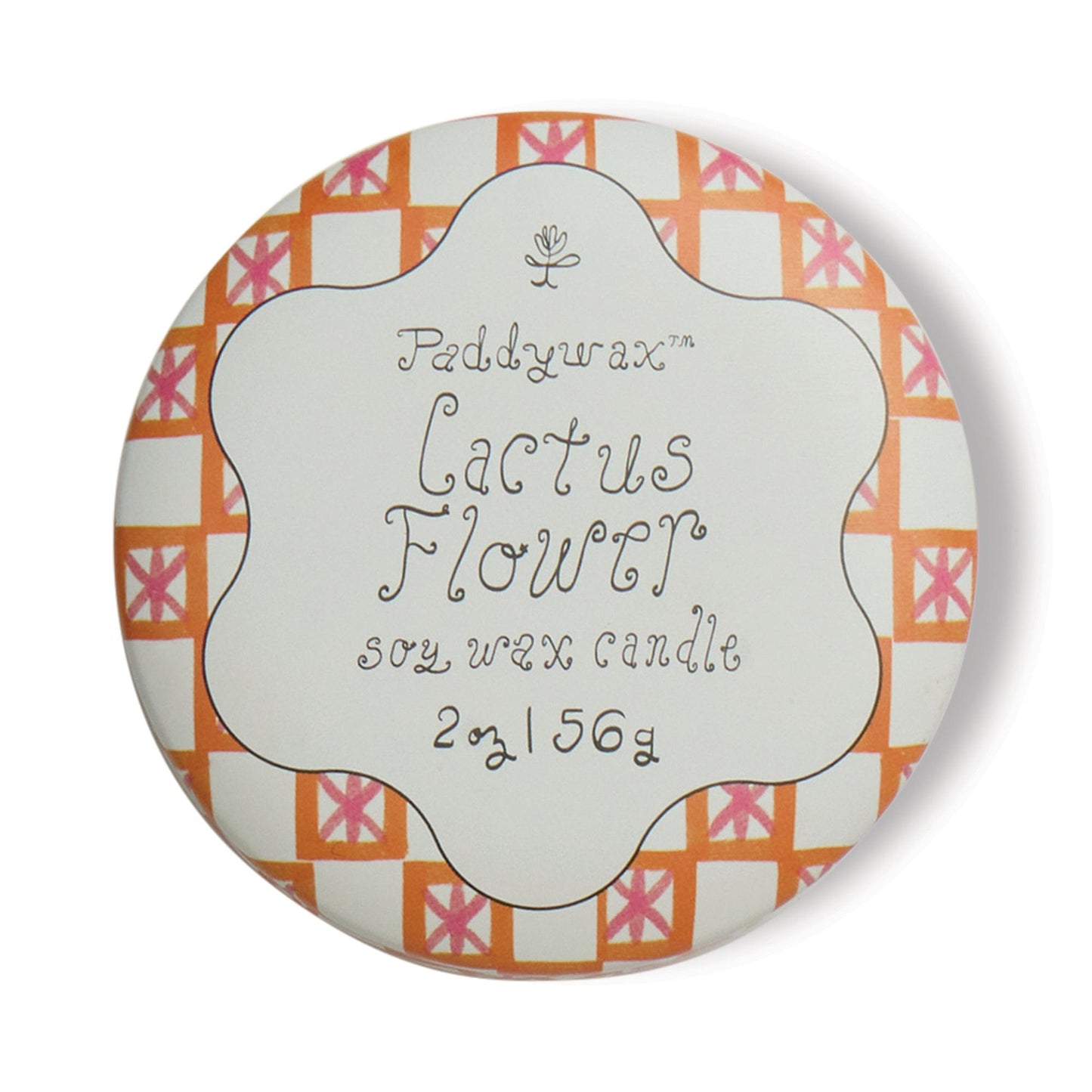 The Cactus Flower - Tulip 2 oz Tin Candle features a round tin with a white scalloped lid and vibrant orange and pink geometric designs, capturing the fragrance of desert blooms in soy wax.