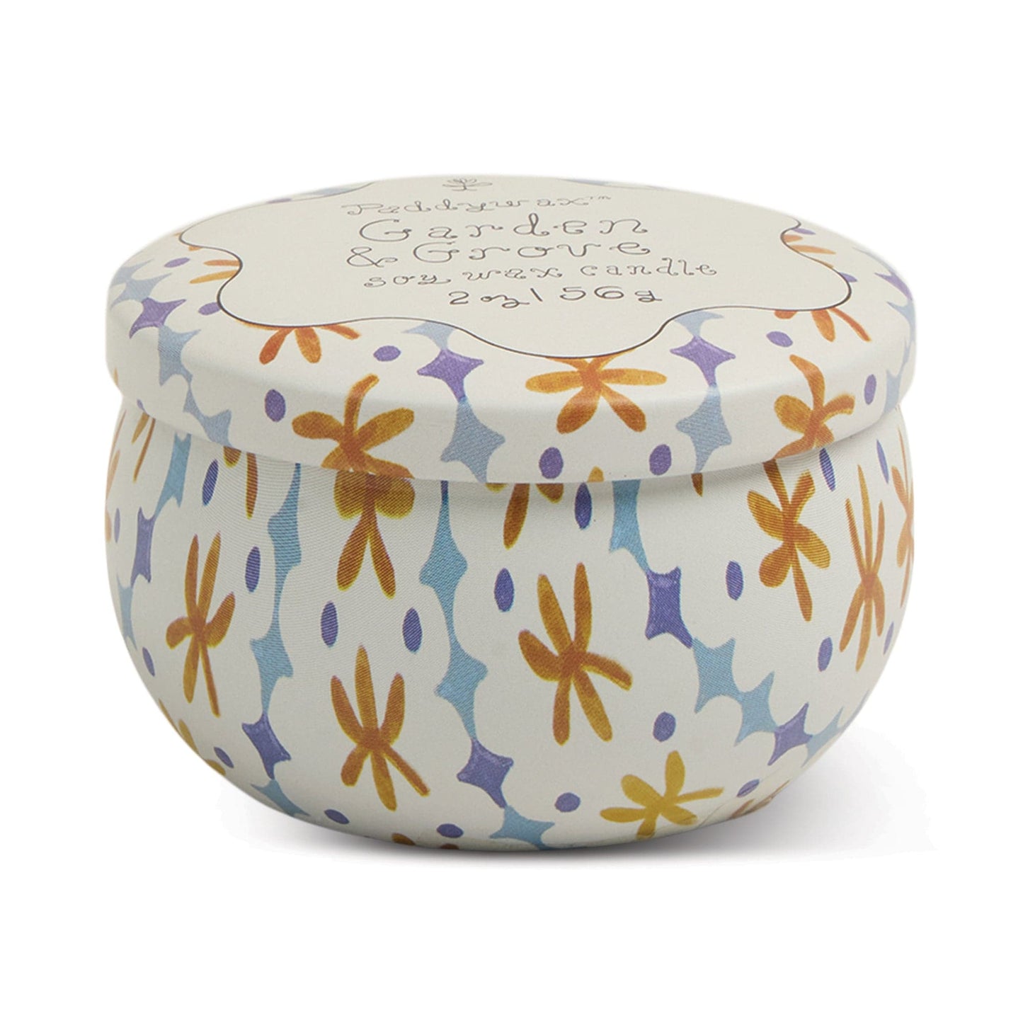 The Garden & Grove - Tulip 2 oz Tin Candle comes in a round, white tin with a lid, adorned with orange, blue, and gold floral patterns. Enjoy the fresh garden mint aroma from this vegetable garden-inspired candle.
