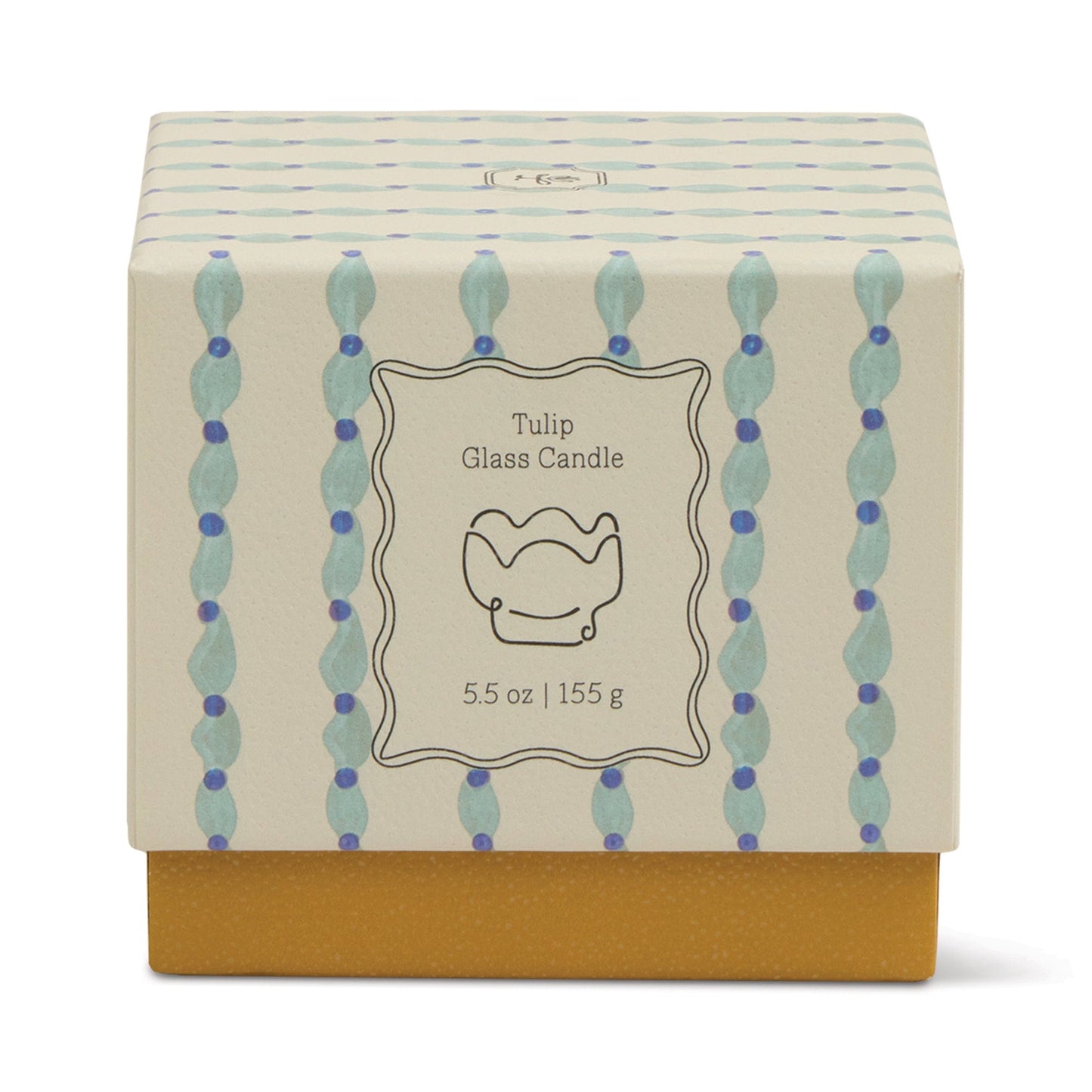 A decorative box with blue and purple dotted vertical lines and a yellow base, labeled Wisteria & Willow - Tulip 5.5 oz Candle, features a simple tulip illustration—ideal for gifting or displaying your favorite botanical scent.