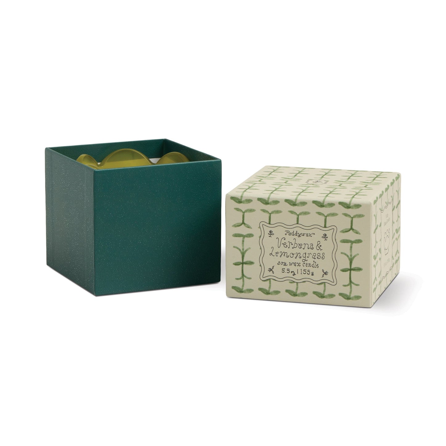 An olive green box with a cream lid reveals yellow Verbena & Lemongrass - Tulip 5.5 oz candles inside. The lid, set beside the vessel, features a green vine design and a label reading "Verbena & Lemongrass Scented Soy Blend.