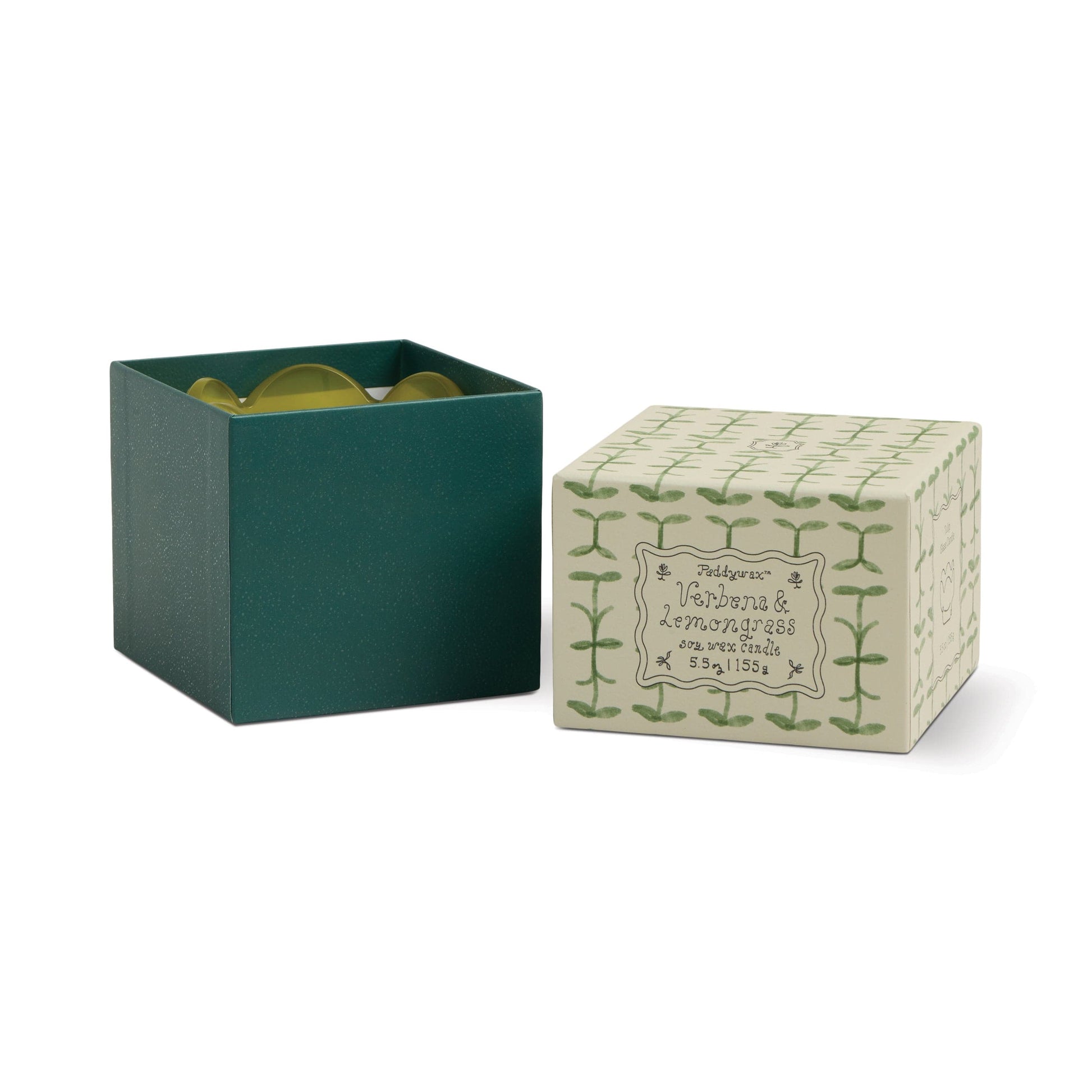 An olive green box with a cream lid reveals yellow Verbena & Lemongrass - Tulip 5.5 oz candles inside. The lid, set beside the vessel, features a green vine design and a label reading "Verbena & Lemongrass Scented Soy Blend.