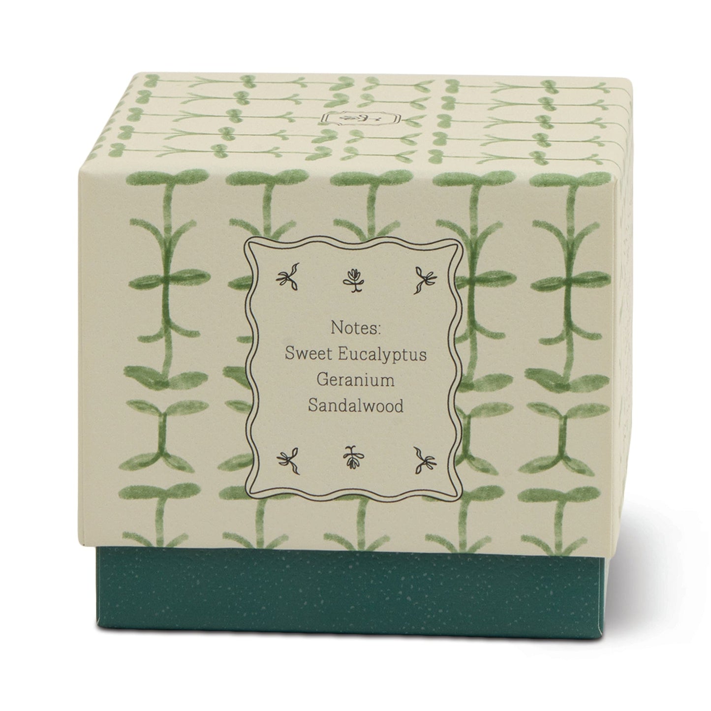 A decorative box with a green plant pattern and label: Notes: Sweet Eucalyptus, Geranium, Sandalwood. The solid dark green base echoes the Verbena & Lemongrass - Tulip 5.5 oz Candle—perfect for gifting or displaying your favorite candle.