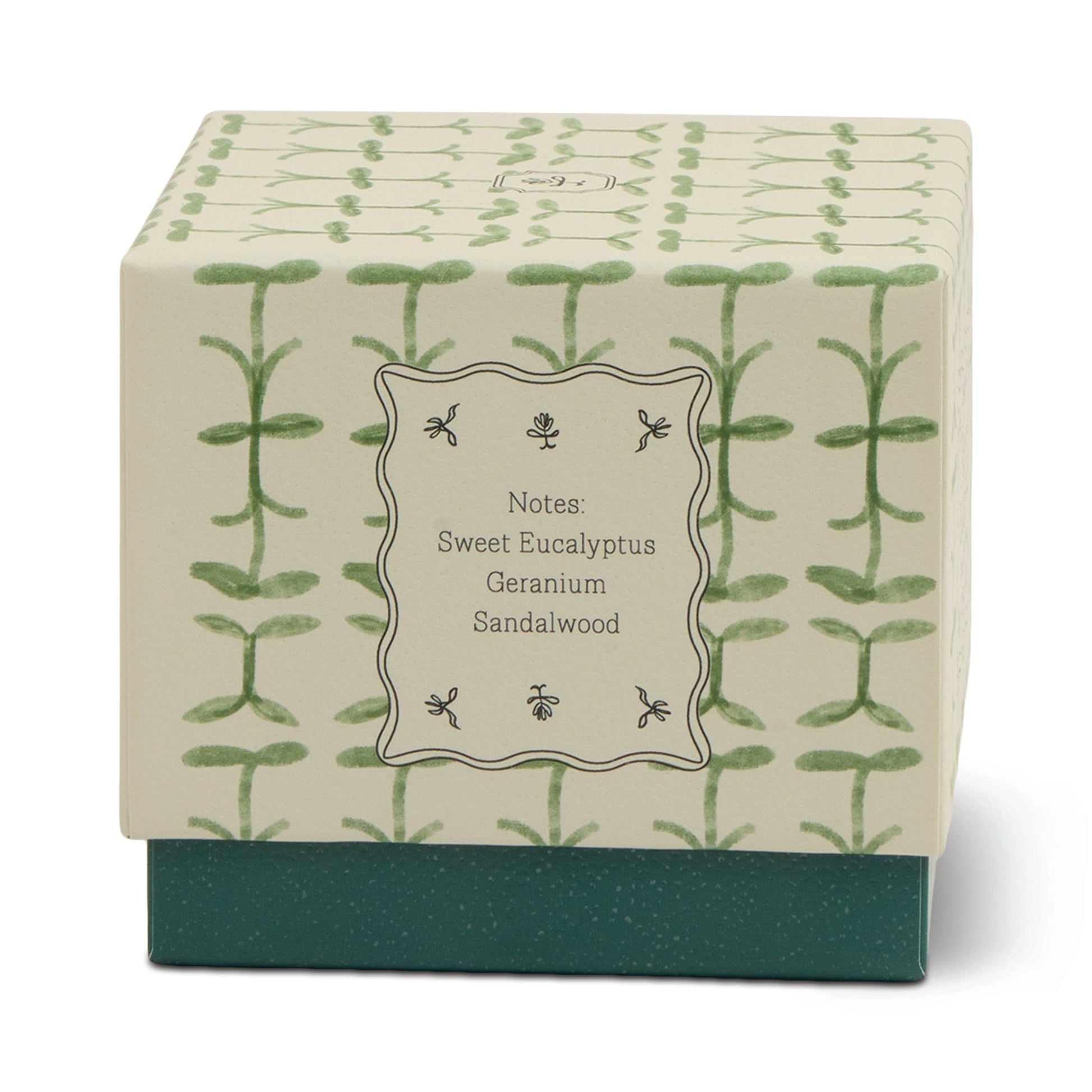 A decorative box with a green plant pattern and label: Notes: Sweet Eucalyptus, Geranium, Sandalwood. The solid dark green base echoes the Verbena & Lemongrass - Tulip 5.5 oz Candle—perfect for gifting or displaying your favorite candle.
