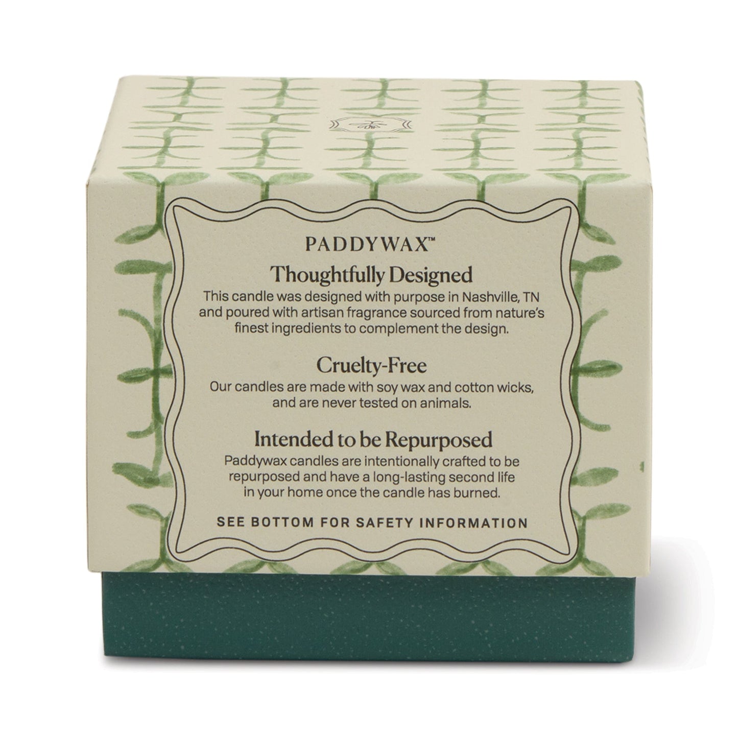A Verbena & Lemongrass - Tulip 5.5 oz Candle in a decorative green and cream box, featuring a cruelty-free, thoughtfully designed candle in a stylish olive green vessel perfect for repurposing.
