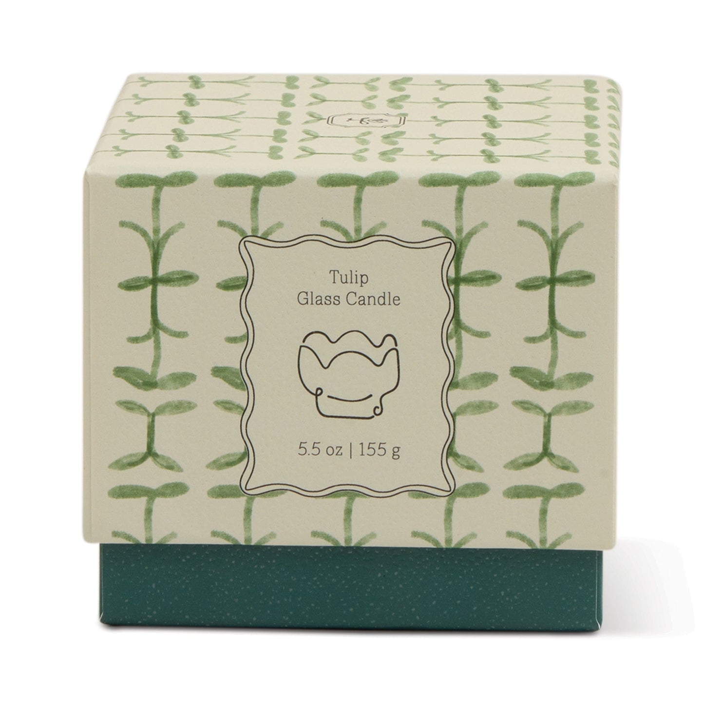 A decorative box labeled "Verbena & Lemongrass - Tulip 5.5 oz Candle" features a green plant pattern on cream, a dark green base, and a centered tulip illustration—perfect for your favorite lemongrass scent.