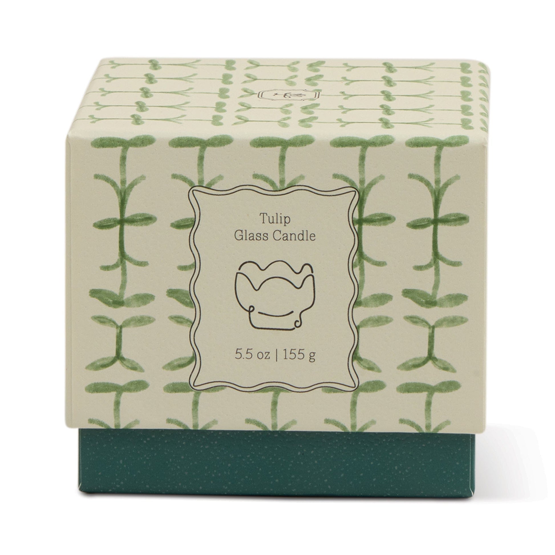 A decorative box labeled "Verbena & Lemongrass - Tulip 5.5 oz Candle" features a green plant pattern on cream, a dark green base, and a centered tulip illustration—perfect for your favorite lemongrass scent.