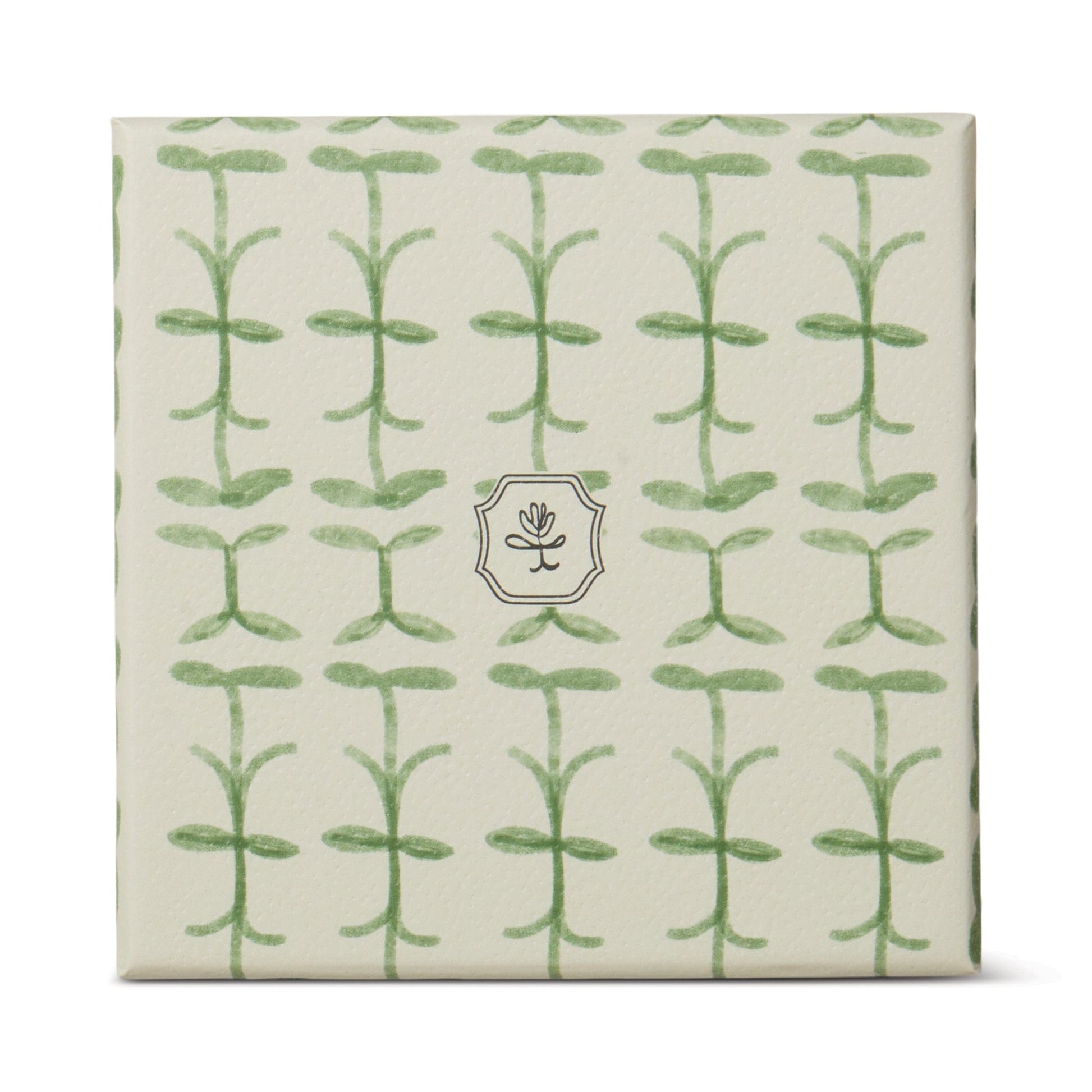 A square, cream box with green sprouting plants and a central leaf emblem makes perfect packaging for the Verbena & Lemongrass - Tulip 5.5 oz Candle.